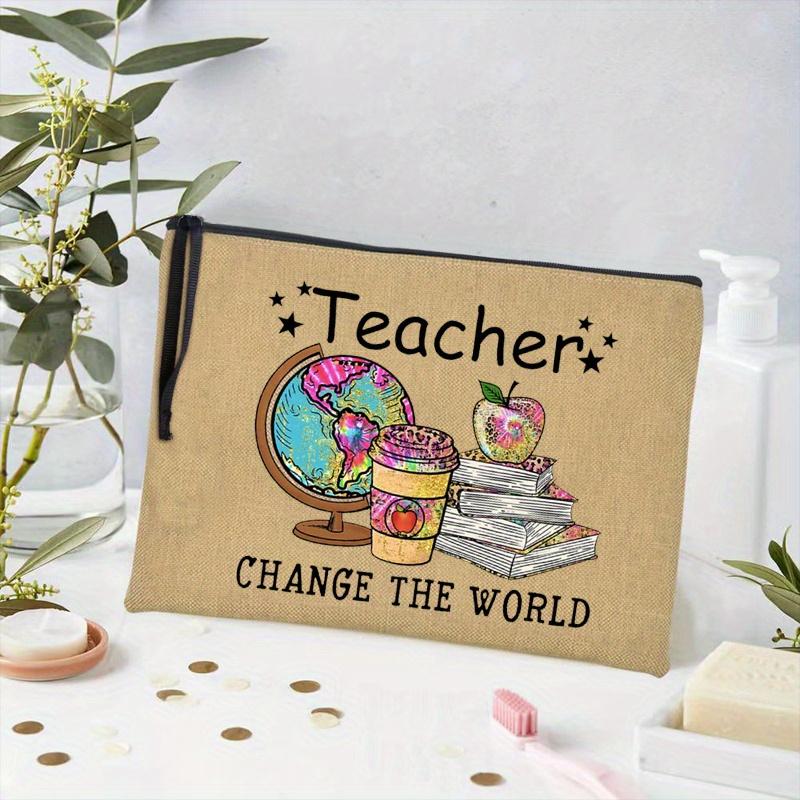 1pc "Teacher Change The World" Printed Cosmetic Bag, Women Travel Makeup Storage Bag, Back To School Teacher Gift