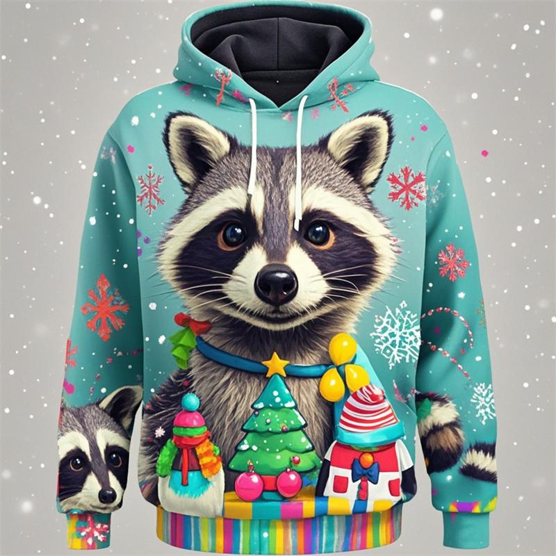 Cute Raccoon Graphic Sweatshirts Harajuku Fashion Christmas Hoodies For Men Female Clothes Tracksuit Boys Pullovers Kids Tops
