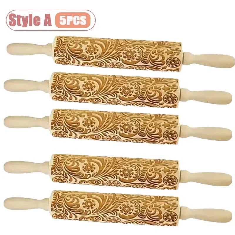 1-5PCS Natural Wooden Rolling Pin with Floral LeafEngraving SmoothSurface Non-Slip Handle for ChristmasCookie Cutter Baking Tool