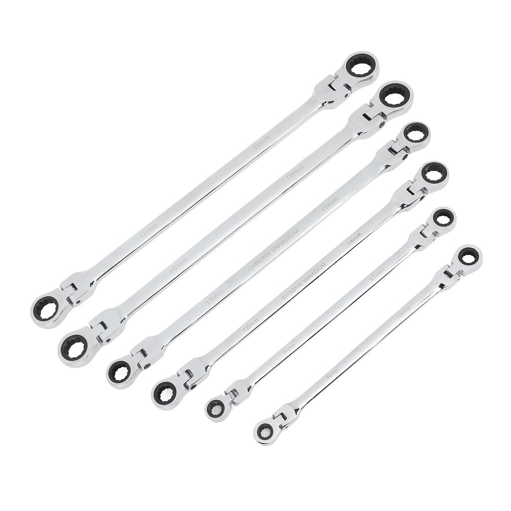6 st Ledhuvud Spärrnyckelsats Metrisk 8‑19mm CRV Stål Extra Lång Dubbel Ringände Spärrnyckel för Reparation