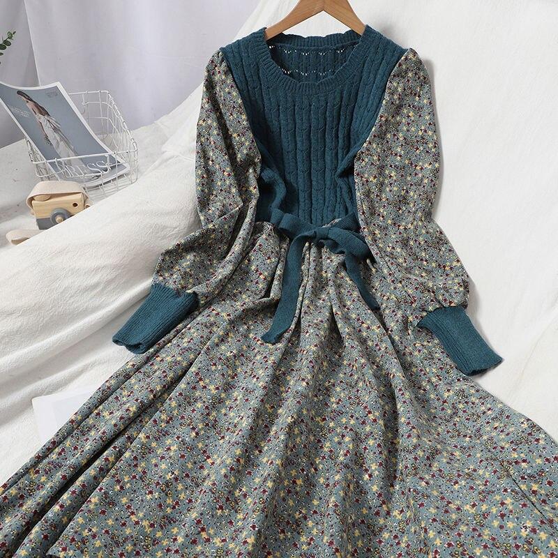 Autumn Winter New Version Reduction Splicing Bandage Thin Knitted Long Versatile Corduroy Floral Dress Fashion