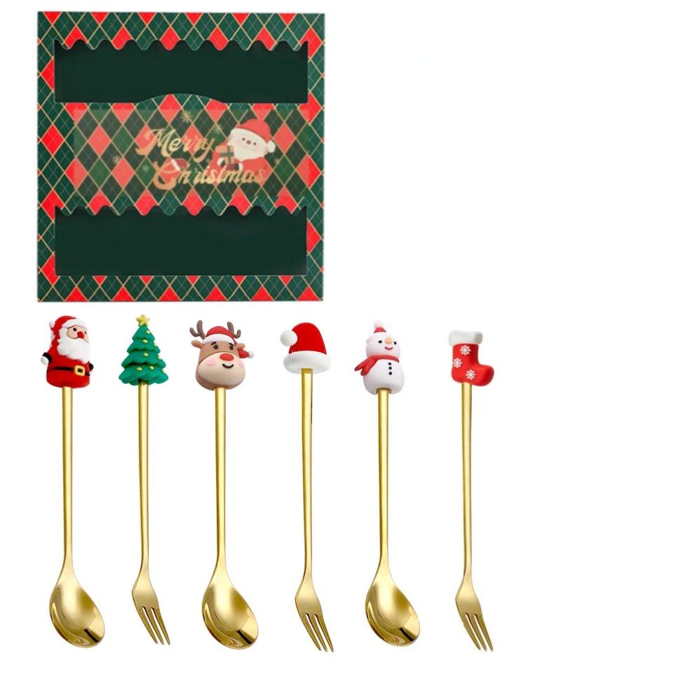 Weihnachtsgeschirr Edelstahl Löffel Gabel Set Kreativer Schneemann Löffel Kaffeelöffel Obstgabel Perfekte Feiertags-Tischdeko
