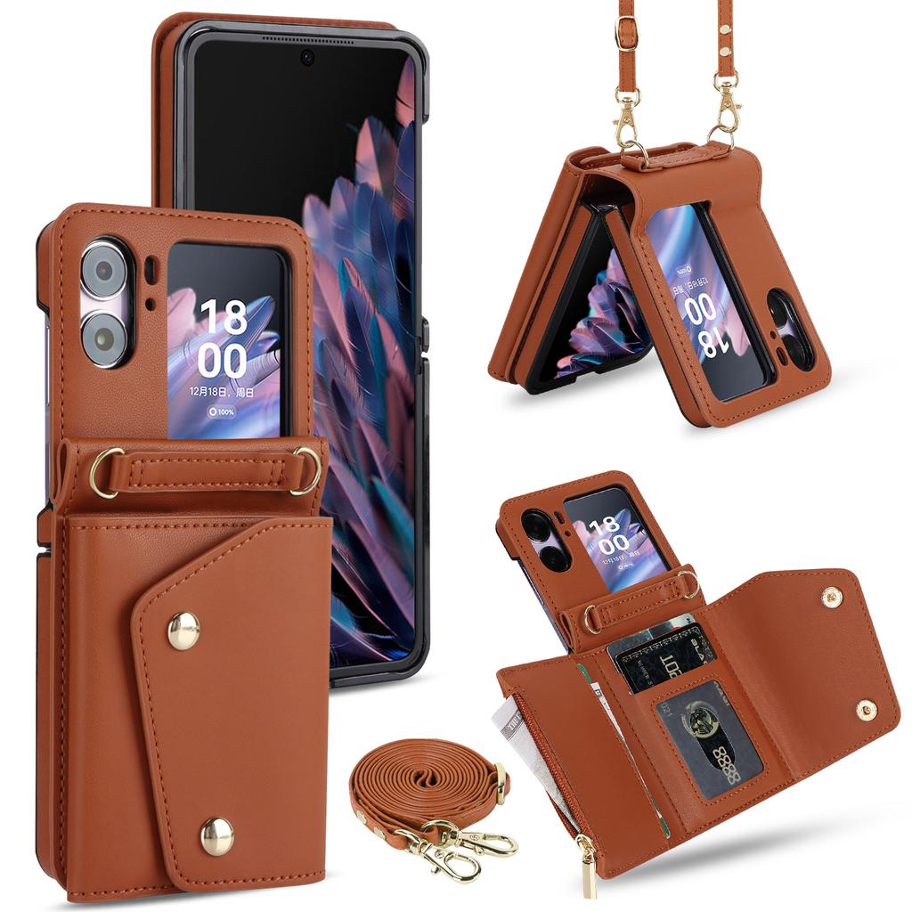 Multi-functional Crossbody Leather Zipper Wallet Cards Solt Case For OPPO Find N2 Flip 5G  Long Rope Lanyard Card Bag RFID Cover
