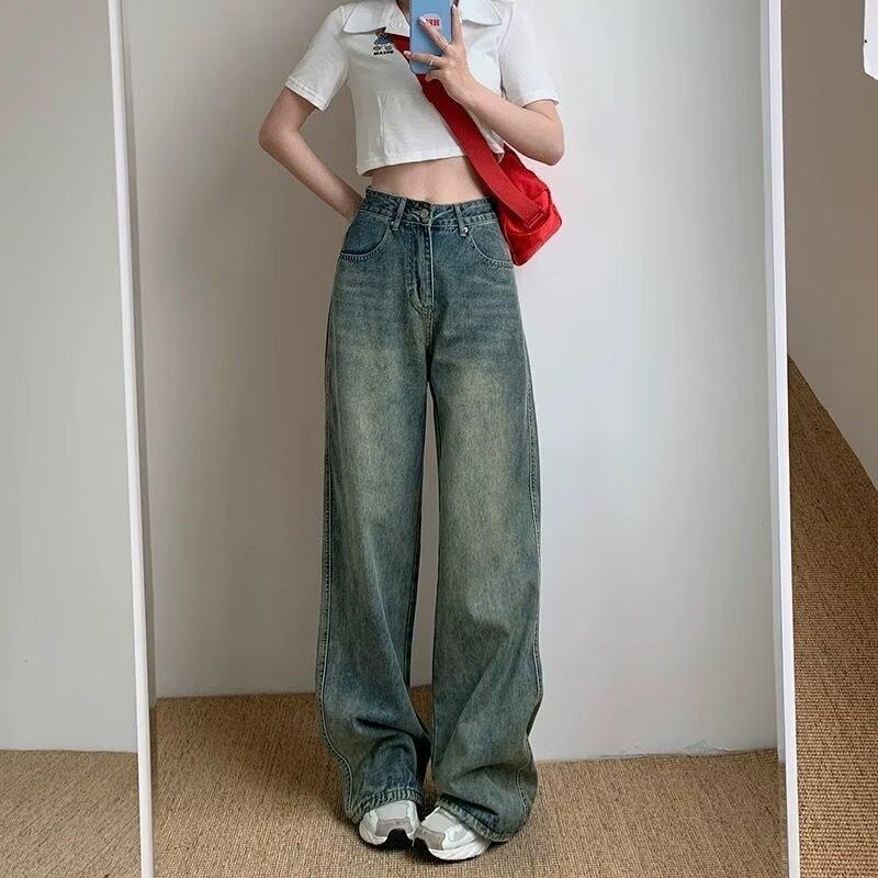 

Новые американские ретро старые синие джинсы с высокой посадкой и широкими штанинами женские универсальные брюки в пол 5XL