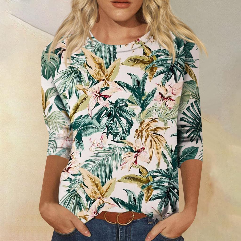 Women's Fashionable Casual Round Neck Three-Quarter Sleeve Printed T-Shirt Top