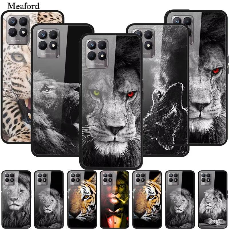 For Realme 8i Case Tempered Glass Hard Clear Phone Case For OPPO Realme 8i RMX3151 Realme 7 Pro Animals Wolf Shockproof Coque