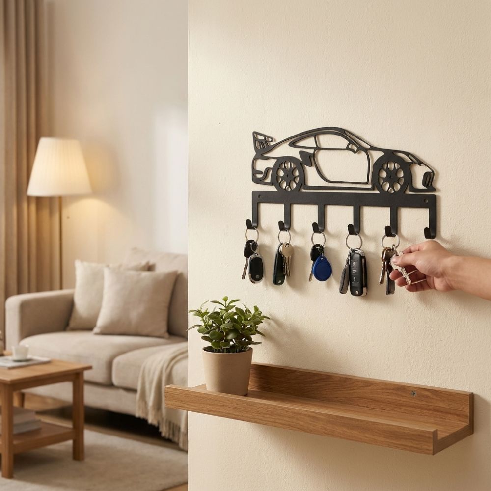 Wrought Iron Wall Mount Key Rack Sturdy 6 Hooks Sports Car Storage Hooks Entryway