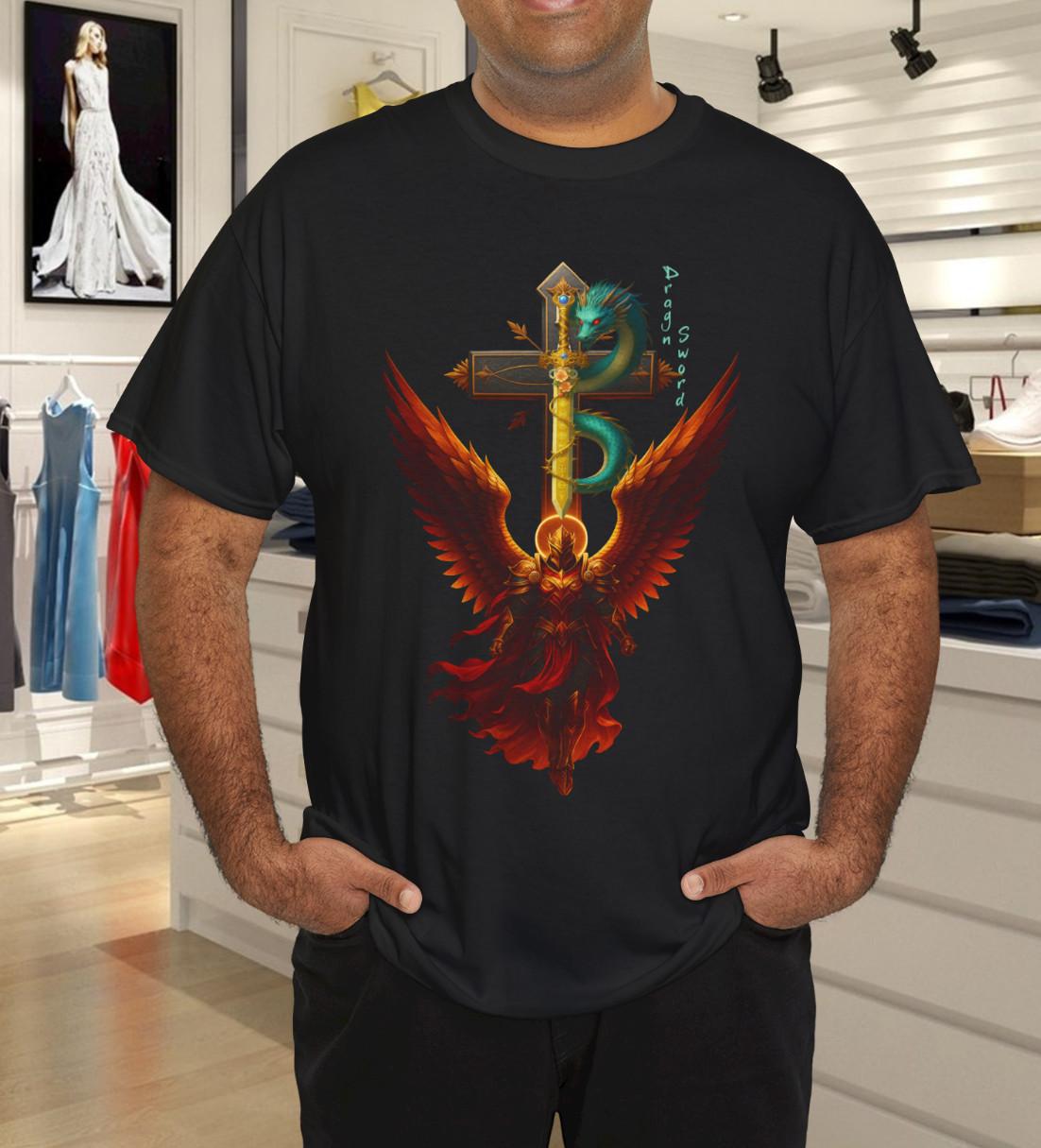 Angelic Guardian Cross – Fiery Winged Warrior Armor T-Shirt Mens Womens Tees Top 4XL