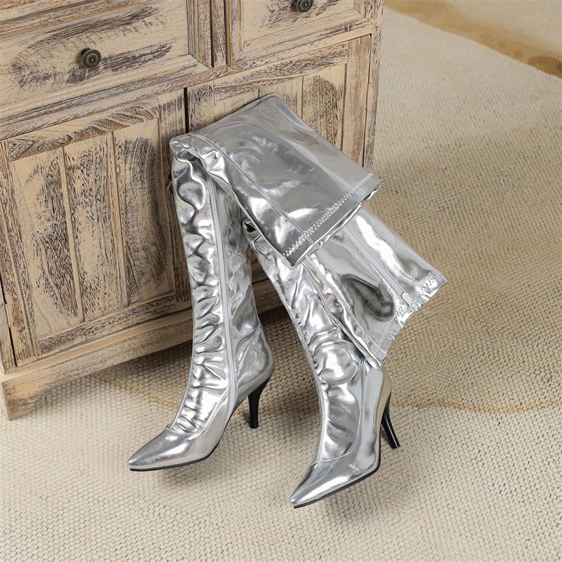 Sexy Silver Gold Metallic PU Over the Knee Boots Women High Spike Heel Club Show Party Lady Winter Plush Zipper Thigh High Boots