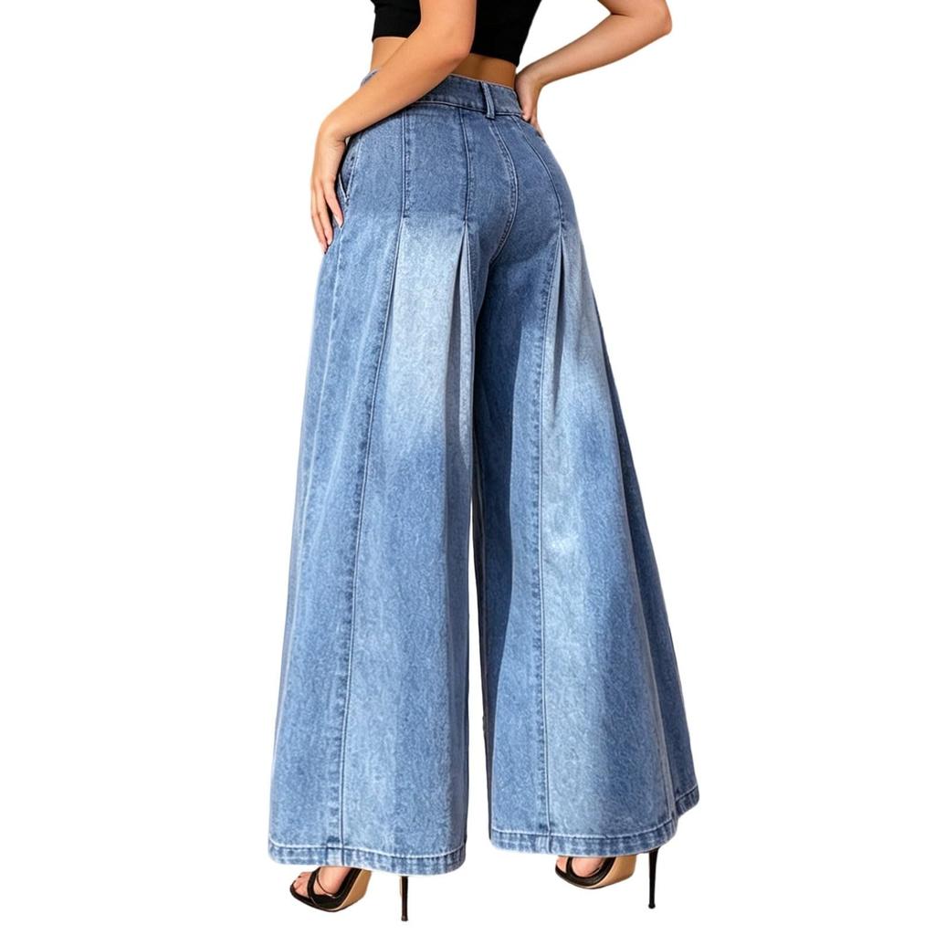 Damen Casual Vintage Lockere Passform Patchwork Weites Bein Denim Jeans für den Alltag