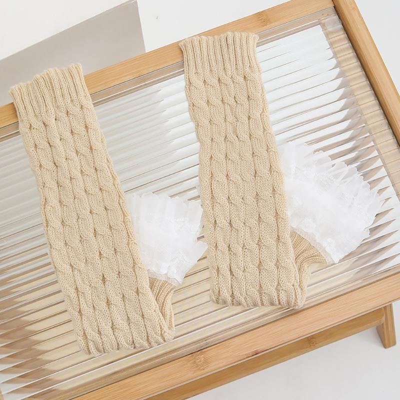 Cable Knit Leg Warmers Knee Length Socks Japanese Women Sweet Layered Ruffled Lace Trim Boot Cuffs Leg Covers Stockings