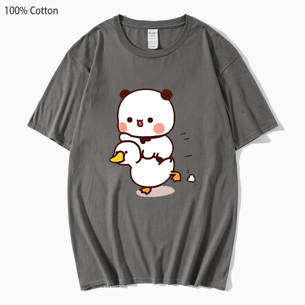 Cute Bubu and Duud Is Riding A White Duck Tshirt Panda and Brownie Bear Clothes Cotton T-Shirts for Men Women Couple