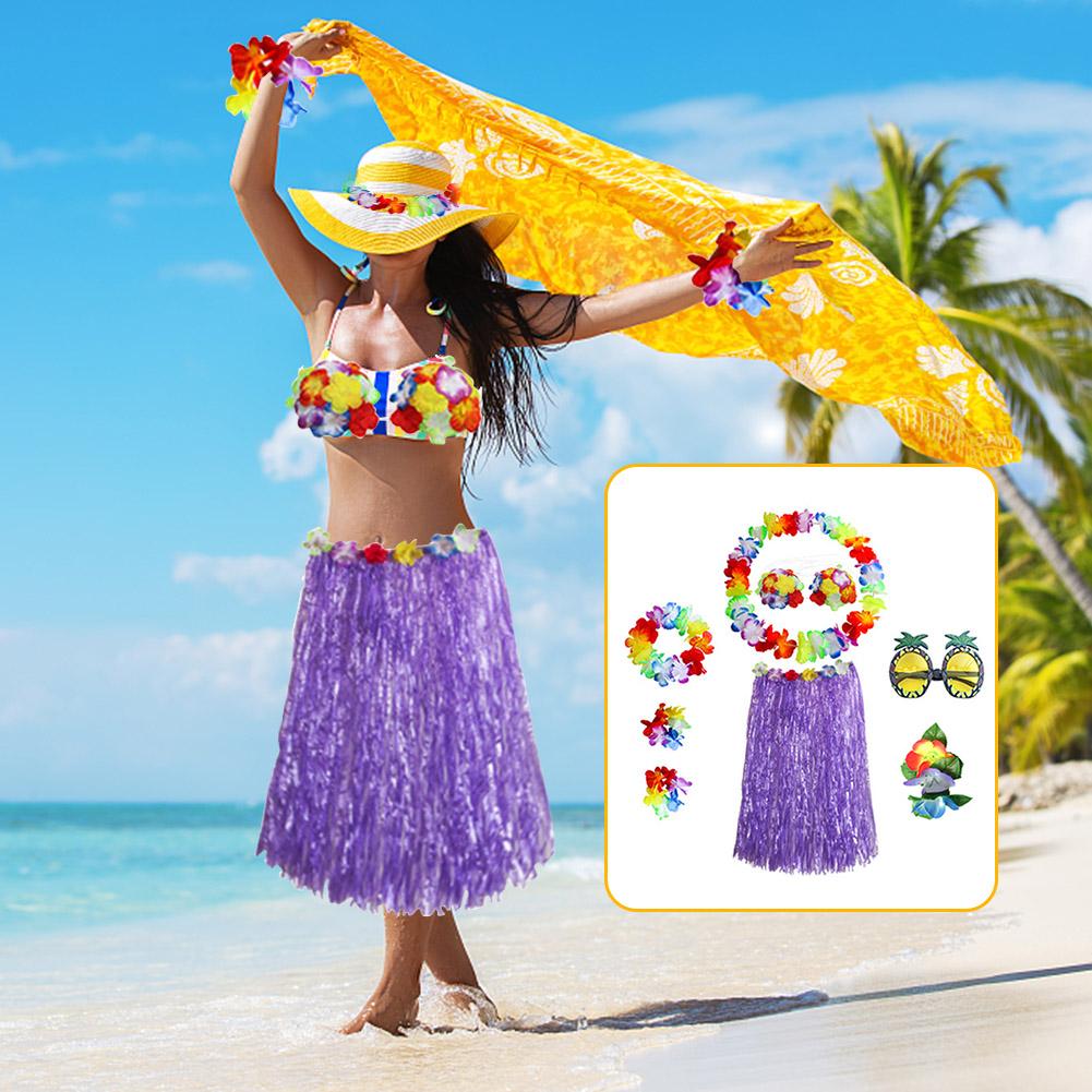 8pcs/set Hawaiian Grass Skirt Costume Set Bikini Top for Women Dress Performance Beach Birthday Tropical Luau Party Decoration