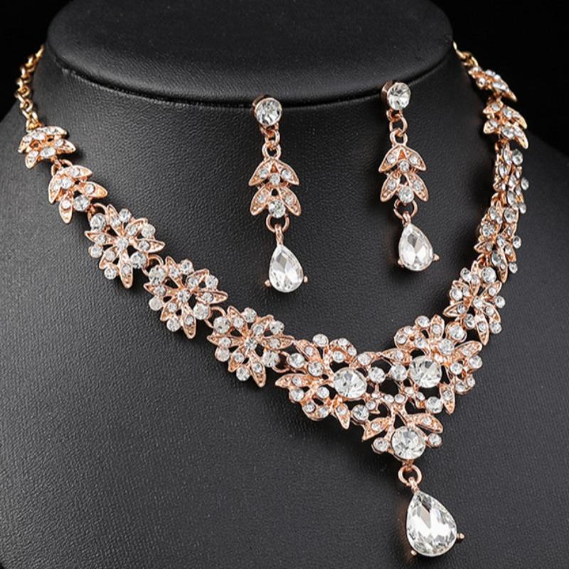 GemChic Women's New Exquisite Alloy Hollow Flowers Crystal Zircon Drops Pendant Necklace Earrings Two Piece Set Birthday Christmas Jewelry Gift