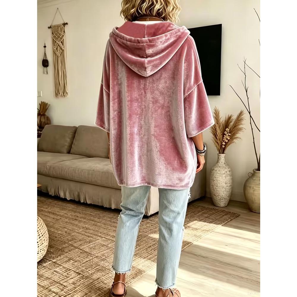 Damska gładka welurowa bluza z kapturem i rękawem 3/4, casualowy top hoodie na jesień zimę