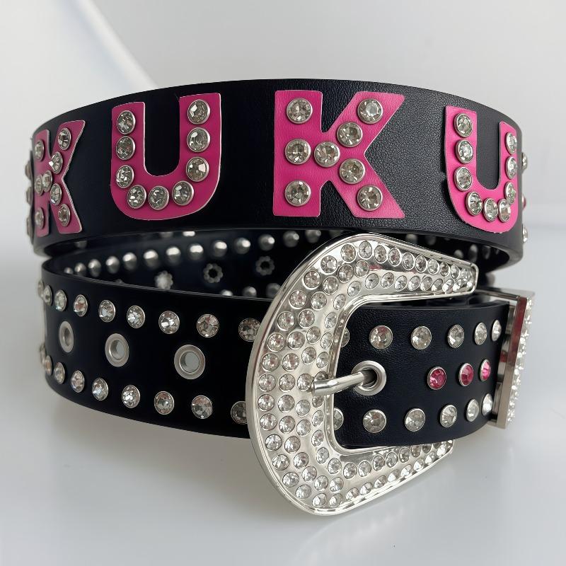 Belt - pink letter rhinestone hot girl sparkly faux leather english belt 117CM чёрный