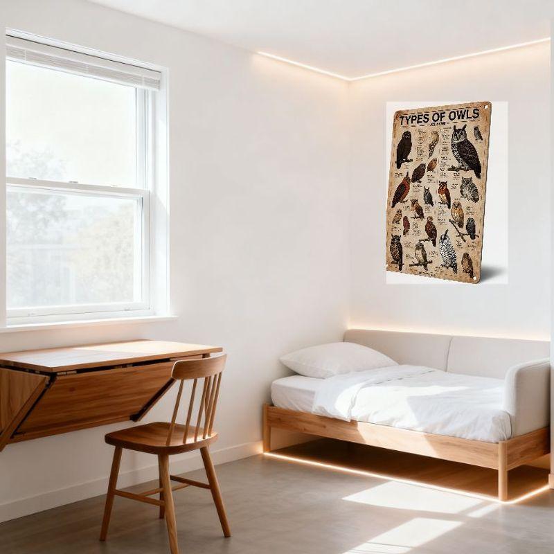 Vintage 'Types of Owls' Metal Sign with JED & VINE, Great Horned/Barn/Screech Owl Illustrations, Rustic Antique Hanging Tin Wall