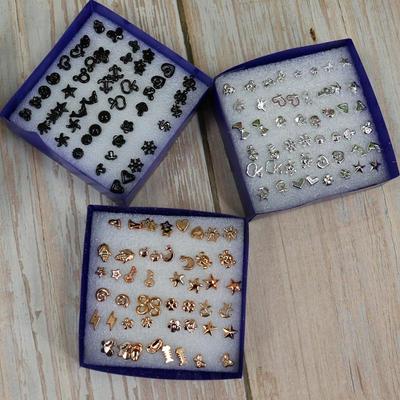 Boxed Set of 24 Mini Stud Earrings: Gold, Silver & Black with Plastic Posts