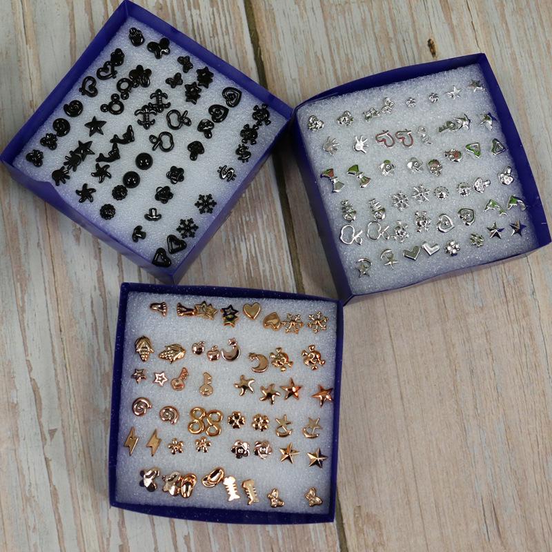 Boxed Set of 24 Mini Stud Earrings: Gold, Silver & Black with Plastic Posts