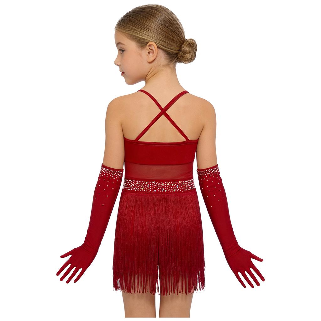 Mädchen Cross-Back-Trikot Netz-Patchwork Stufen-Quasten Ärmellos Latein-Outfit Netz-Handschuhe