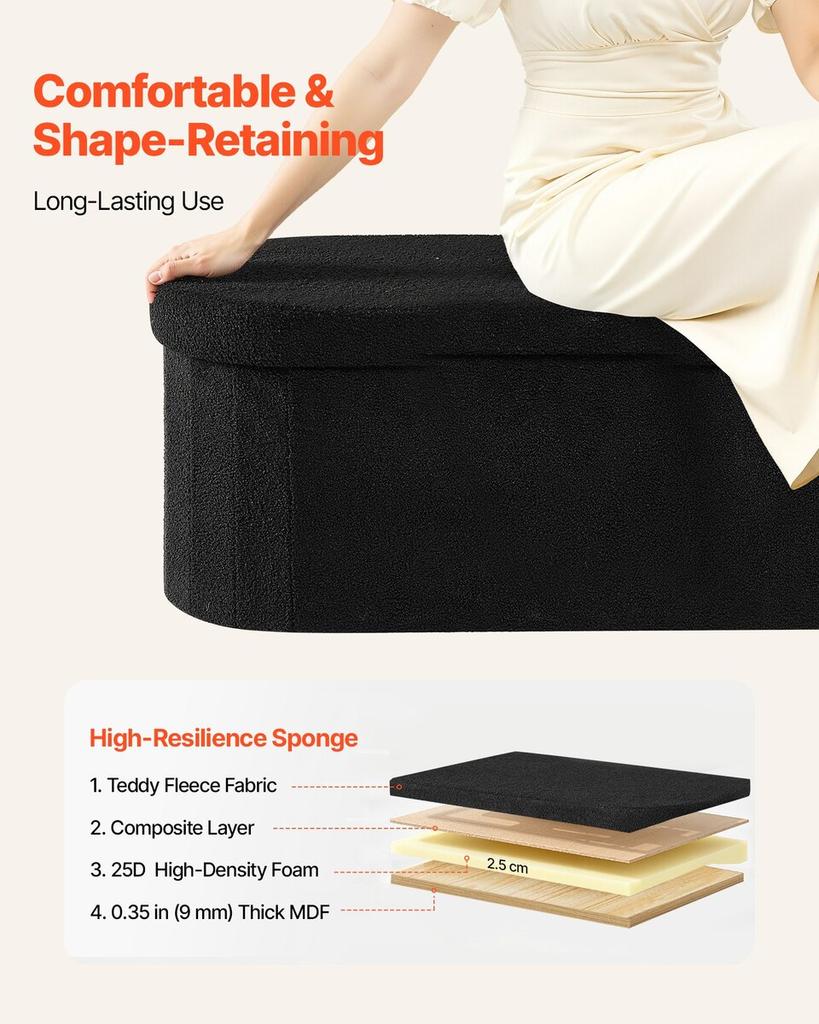 Oval Storage Ottoman Bench, Foldable Teddy Fleece End of Bed Bench, Folding Upholstered Bed Ottoman Chest with Large Storage Space, Supports 660 lbs,