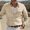 Camisa de Lino de Manga Larga Azul Claro para Hombre con Bolsillo en el Pecho, Camisa Casual con Botones