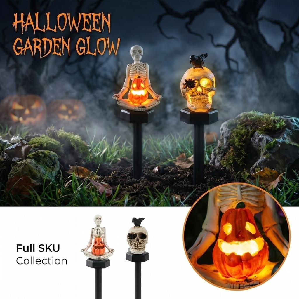 Solar Powered Skeleton Stake Light Resin Outdoor Garden Decoration with Pumpkin Design for Yard Pathway Lawn Patio Halloween Holiday Display