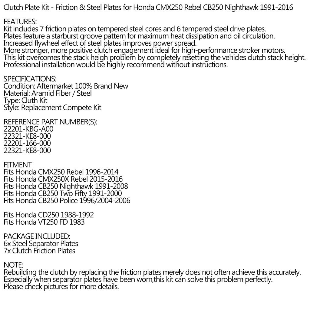 Clutch Kit Iron Friction Plates for Honda CMX250 Rebel CB250 Nighthawk 91-16