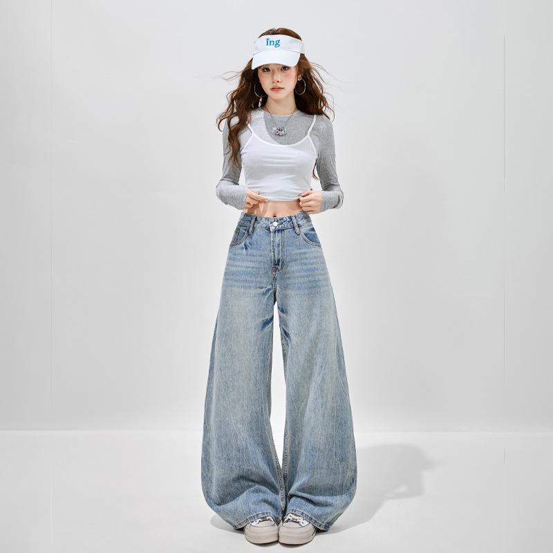 

Women s American-Style Wide-Leg High-Waisted Jeans: Spicy Girl 2026 Spring Collection - Floor-Length Slimming Straight-Leg Pants XS