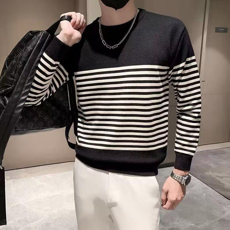 

Мужской корейский новый весенне-осенний пуловер пэчворк с круглым вырезом, с принтом, модный, облегающий, минималистичный, повседневный, вязаный топ с длинными рукавами L чёрный