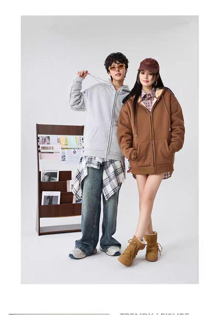 Men's Lambswool Fleece-Lined Hooded Cardigan Sweatshirt - Trendy, Versatile, Winter Style