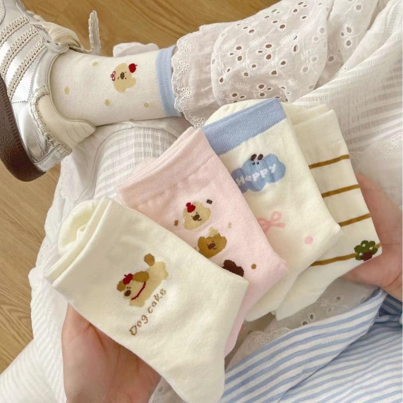 Cartoon Socks Women'S Mid-Tube Socks Trendy Spring And Autumn Cute Preppy Style Bow Polka Dot Puppy Striped Socks