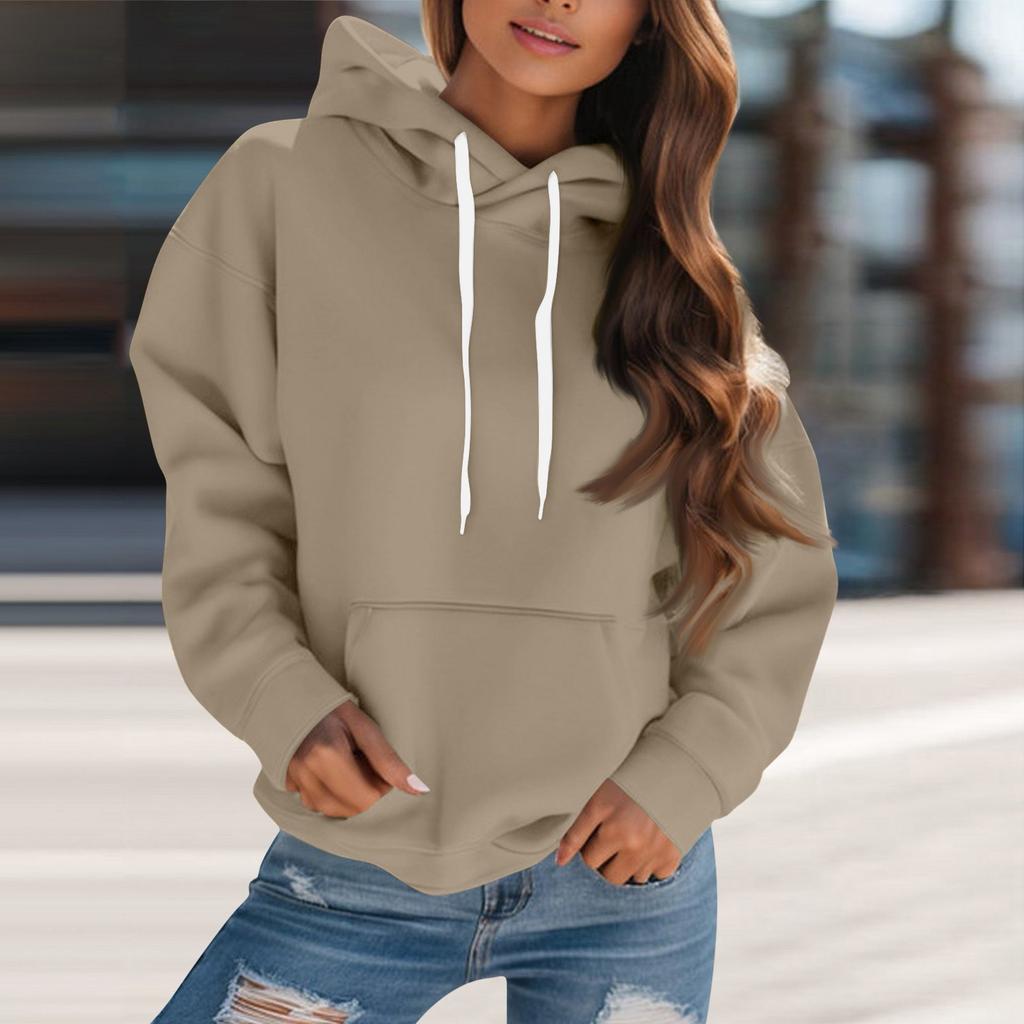Women's Fashion Solid Color Hooded Drawstring  Long Sleeve Loose Pullover Sweatshirt Top