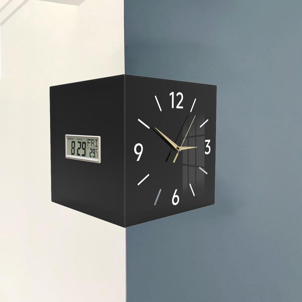 Corner Wall Clock Modern, Temperature Display, Month Date Week Display, Decorative Clock for Living Room Dining Room Home Decor