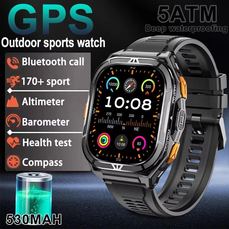 2025 New GPS Track Smart Watch Men 5ATM Waterproof 1.96"AMOLED Always Display Compass Heart Rate 530mAh Battery BT Call Smartwatch