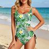Swimsuit for Women Tropical Floral Print Bathing Suit with Adjustable Side Drawstring Scoop Neck Swimwear