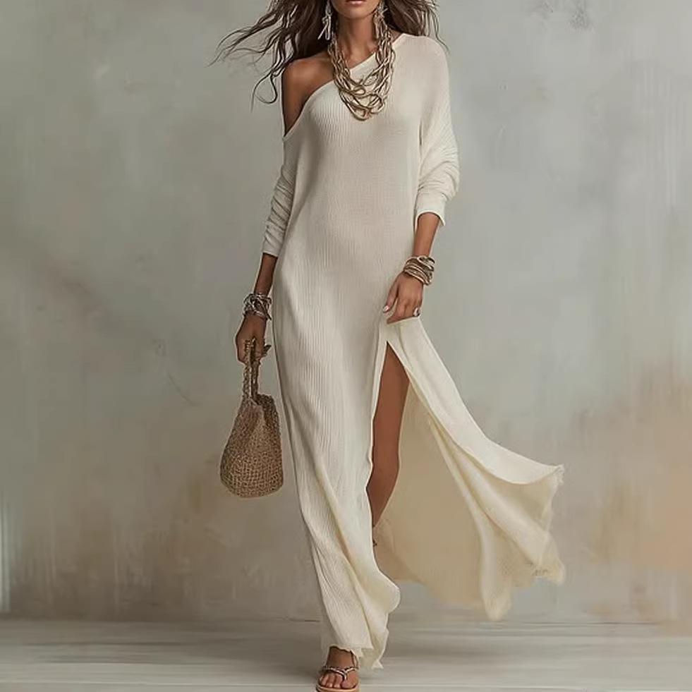 Nuovo Abito Elegante da Donna Estivo in Maglia Manica Lunga Pieghettato con Spacco