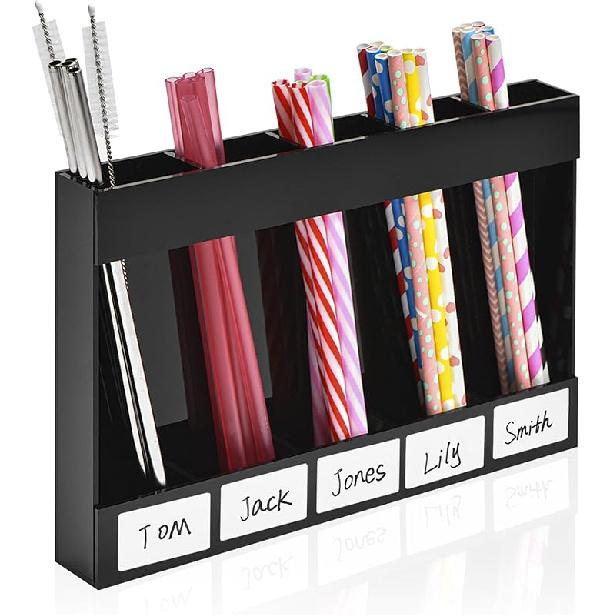 9.5" Acrylic Straw Holder for Cabinet Door, Straw Organizer for Cabinet Door with Double-Sided Tape, Stickers and Cleaning Brush, Reusable Storage