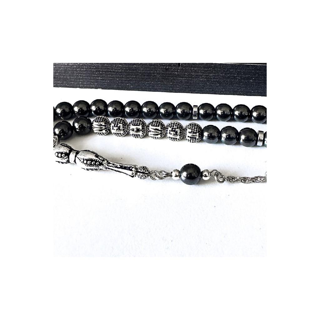 Gebetsperlen aus zertifiziertem Hämatit-Naturstein mit Namen und Briefkastenfrage
