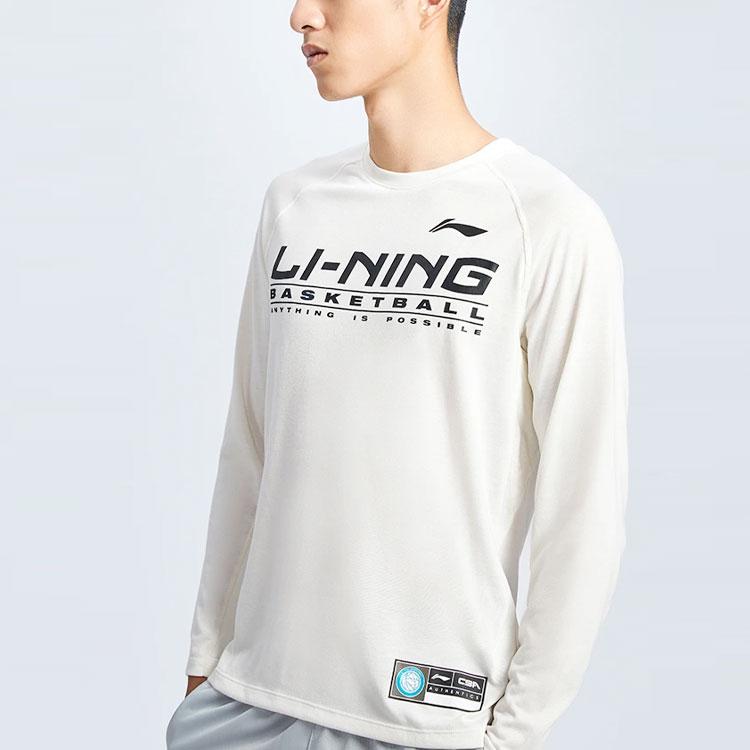 Li Ning CBA Sports Basketball Series Logo Print Crew Neck Pullover Long Sleeve T-Shirt Men Tops White ATLR099-1