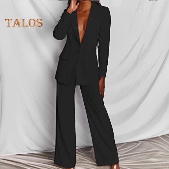 2 Pcs/Set Women Suit Coat Pants Set Deep V Neck Lapel Single Button Closure Mid Length Cardigan Long Sleeve Jacket Straight Trousers Lady Formal