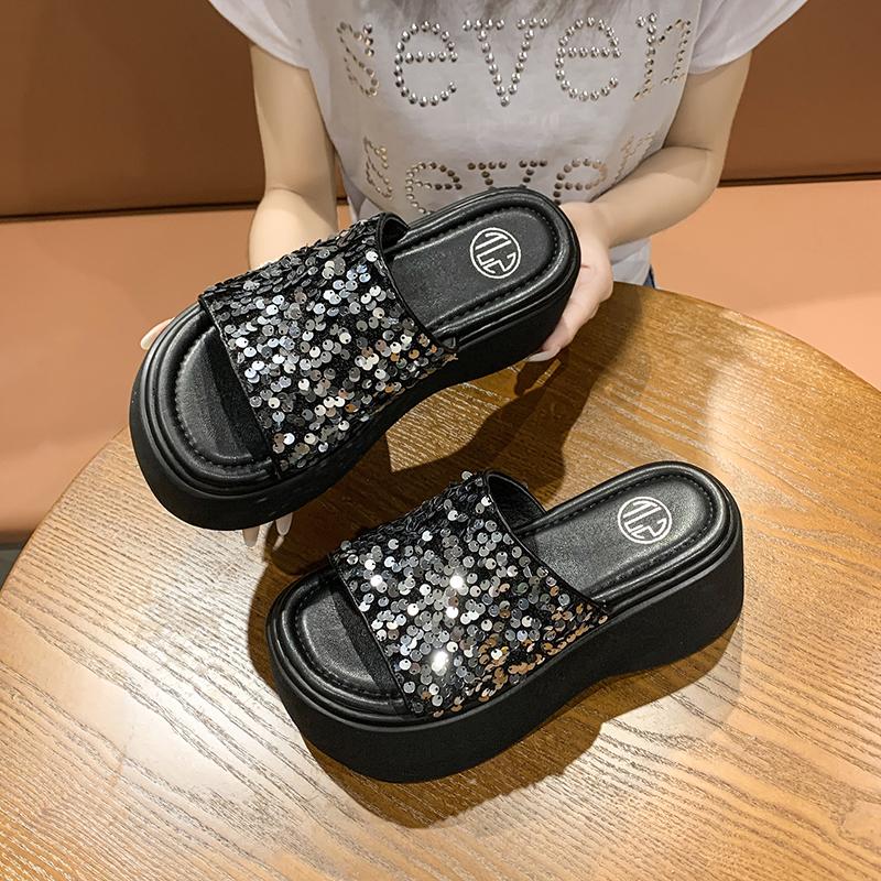 Fashion 8CM Thick Bottom Summer Bling Leather Slippers Women's Sandals 2024 Women Wedges High Platform Flat Shoes Woman Beach Flip Flops
