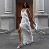 Splicing Ruffle Edge Suspender Long Dress European and American Summer New Sexy Split Slim Dress