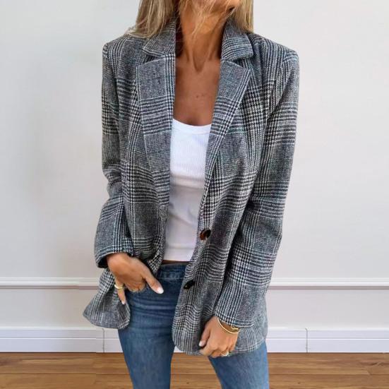 Damska Jesienno-Zimowa Kurtka w Kratę Zapinana na Guziki Klapowy Kołnierz Średniej Długości Płaszcz Garniturowy Vintage Casual Długi Rękaw Top