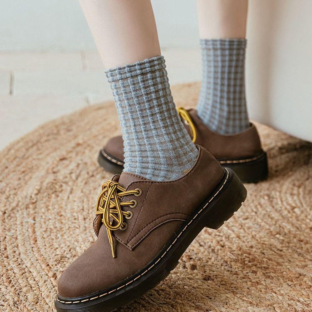 5Pairs Elastic Women Tube Sock Patchwork Grids Socks Sweet Checkered Cotton Socks Women