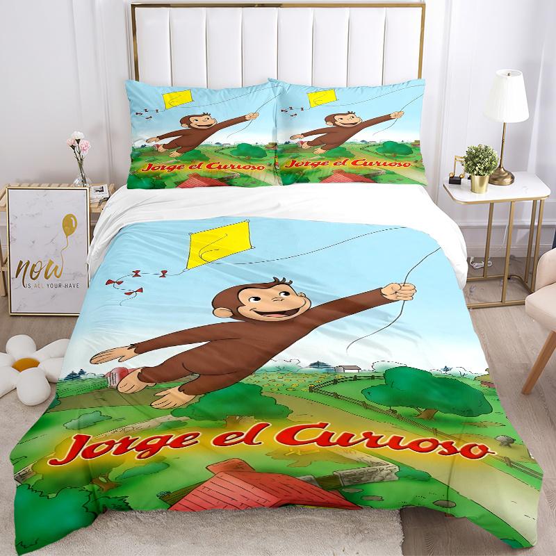 3pcs Curious George Flying Kite Home Bedding Set-Universal Three-Piece Suit for Bedroom, Guest Room, Living Room, Hotel-Perfect Gift for Fan