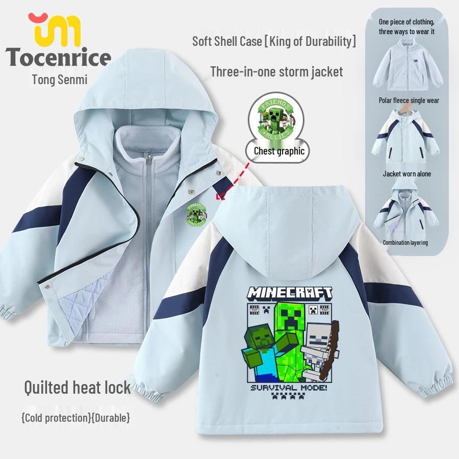 Dětská střední/velká kreslená větrovka Minecraft: 3v1 podzimní/zimní softshellová bunda