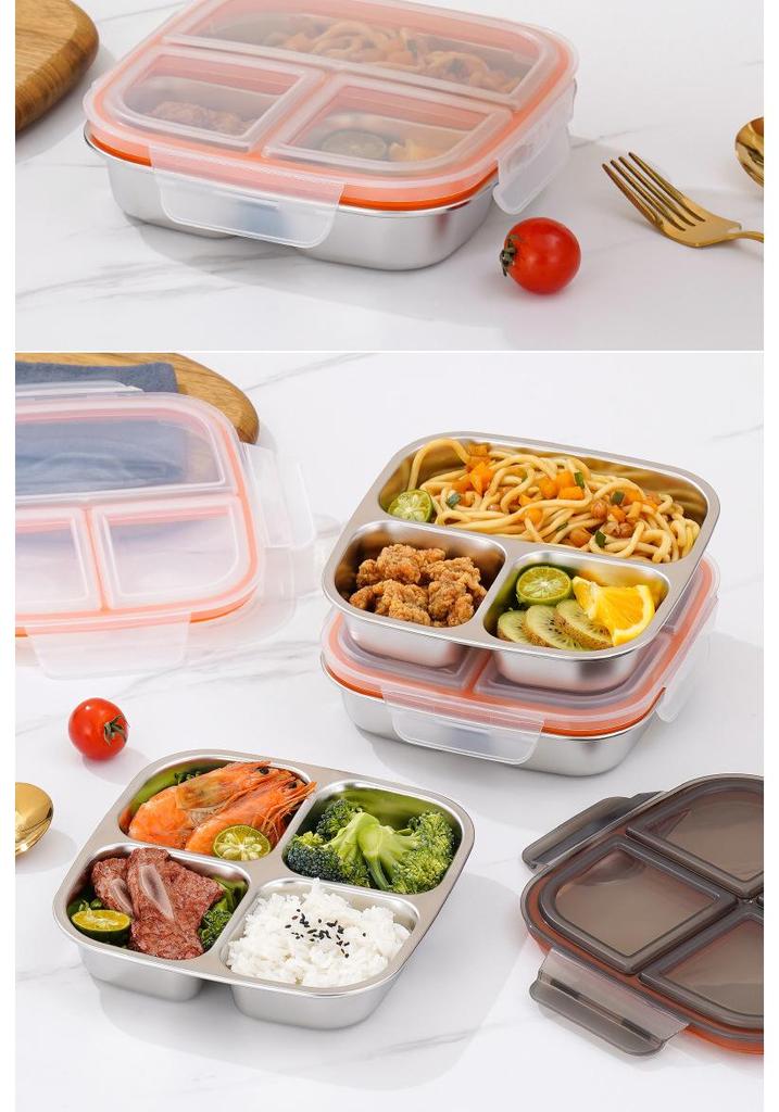 304 Stainless Steel Multi-Compartment Bento Box, Leak-Proof, Includes 3 or 4 Grid Options