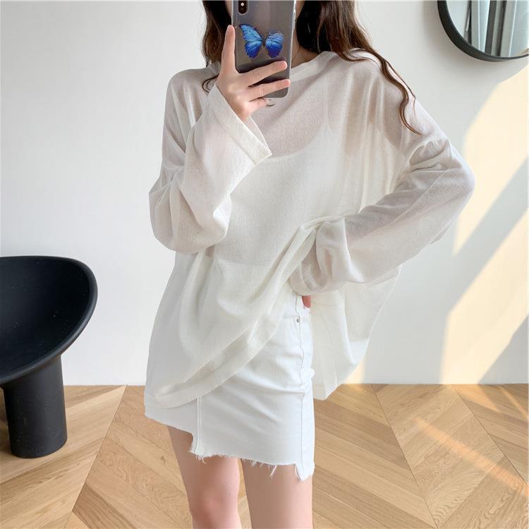 

Summer Korean Style Thin Ice Silk Solid Color Long Sleeve Sun Protection Clothing Loose Base Layer Knitwear Top Women s Wear 2XL