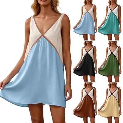 Women's Casual V Neck Loose Fit Sleeveless Dress Color Block Mini Dress Summer Beachwear Lightweight Comfortable